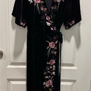 Elegant Black Floral Embroidered Wrap Dress